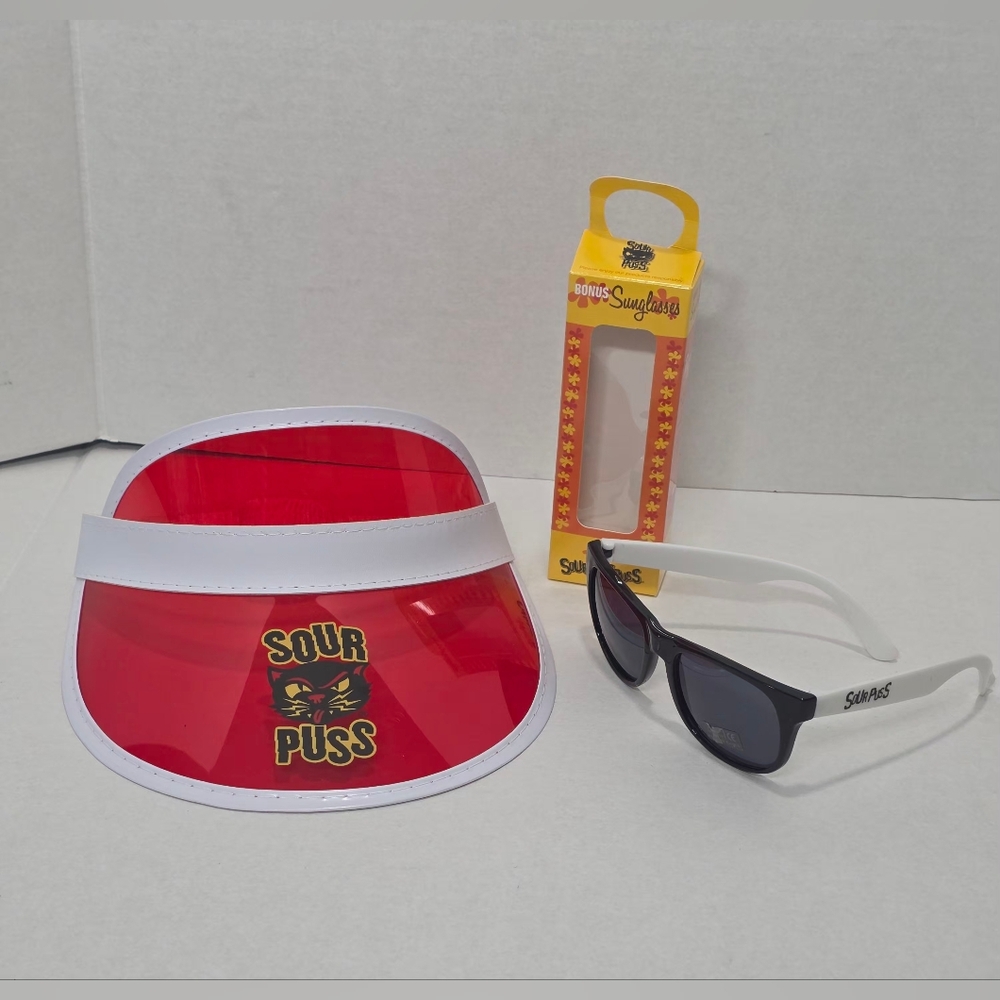 New Rare SourPuss Transparent Retro-Style Sun Visor Hat & SourPuss Sunglasses